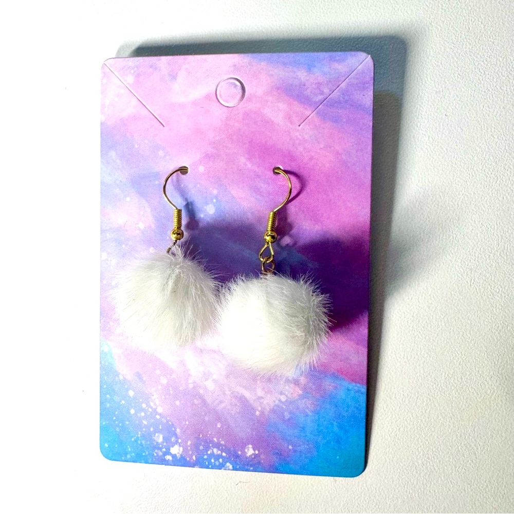 White faux fur fuzzy ball gold stainless steel earrings